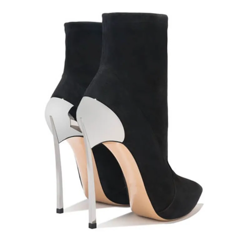 Black Suede Patchwork Point Toe High Heel Calf Boots