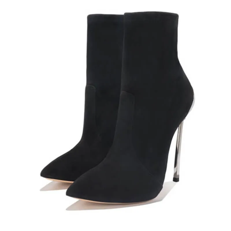 Black Suede Patchwork Point Toe High Heel Calf Boots