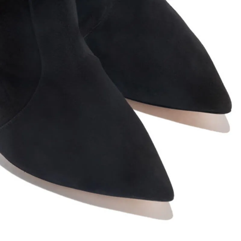 Black Suede Patchwork Point Toe High Heel Calf Boots