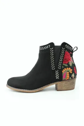 Bohemian Black Suede Embroidered Ankle Boots