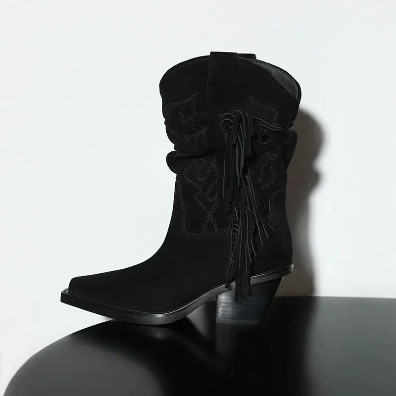 Embroidered Suede Fringe Boots