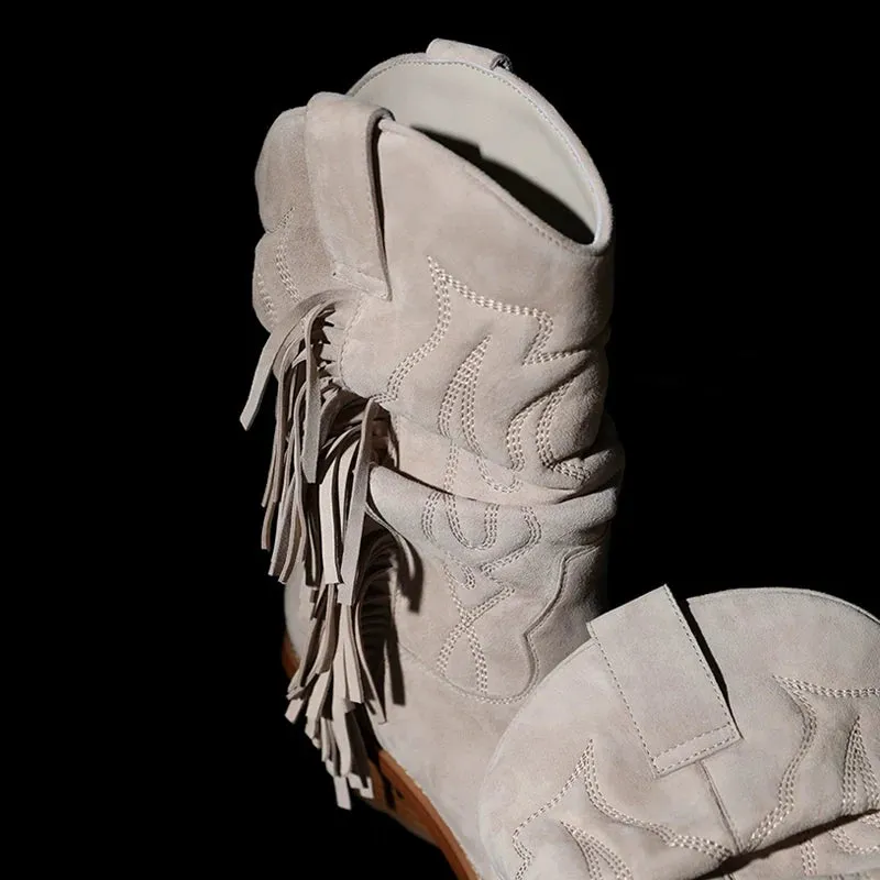 Embroidered Suede Fringe Boots