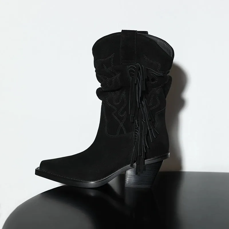 Embroidered Suede Fringe Boots