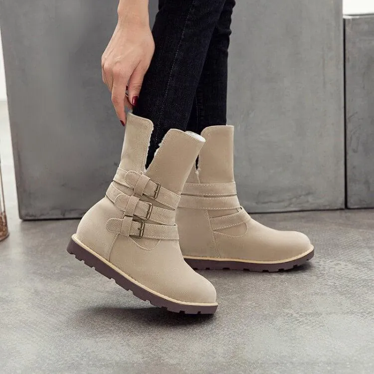 Flat Suede Buckle Round Toe Calf Boots