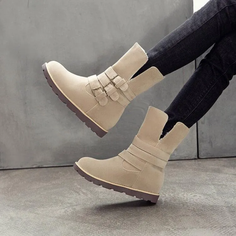Flat Suede Buckle Round Toe Calf Boots