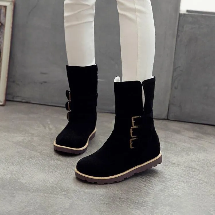 Flat Suede Buckle Round Toe Calf Boots