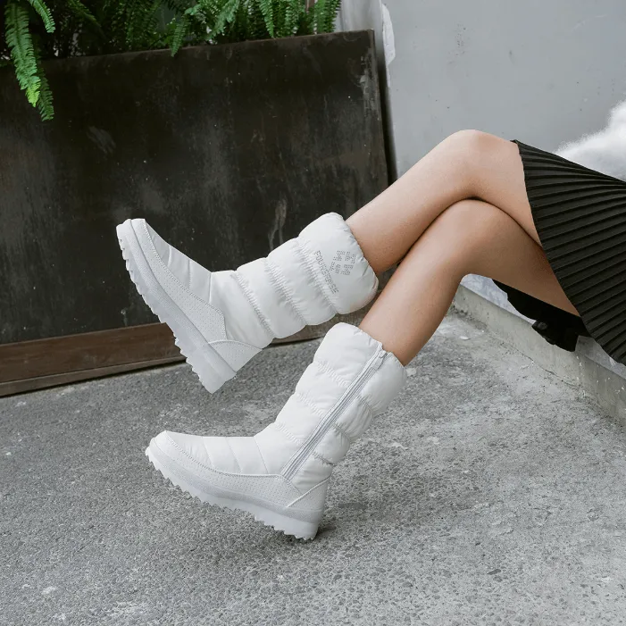 Flat Zipper Rhinestone Mid Calf Snow Boots