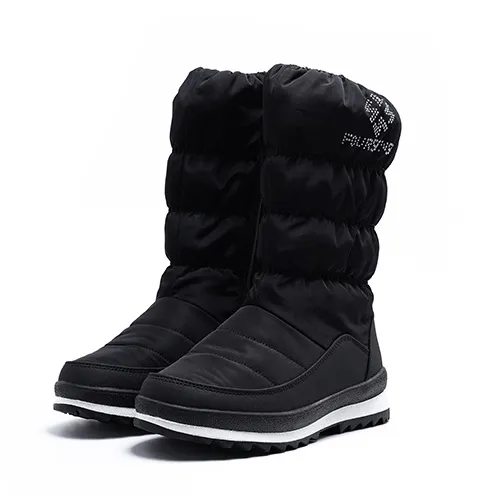 Flat Zipper Rhinestone Mid Calf Snow Boots