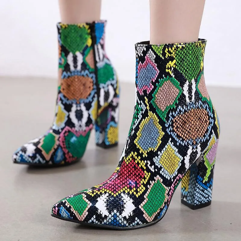 Leather Colorful Snakeskin Pointed Toe High Heel Calf Boots