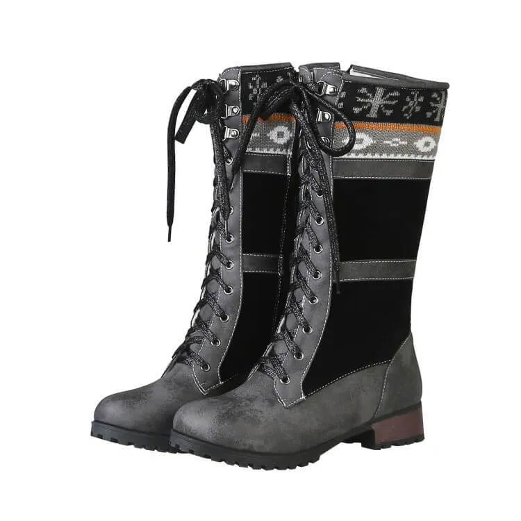 Leather Lace Up Suede Patchwork Boots