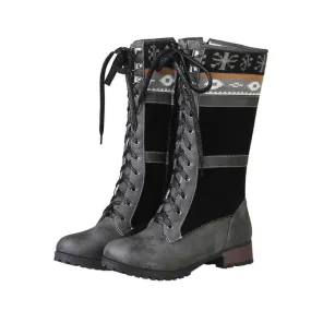 Leather Lace Up Suede Patchwork Boots