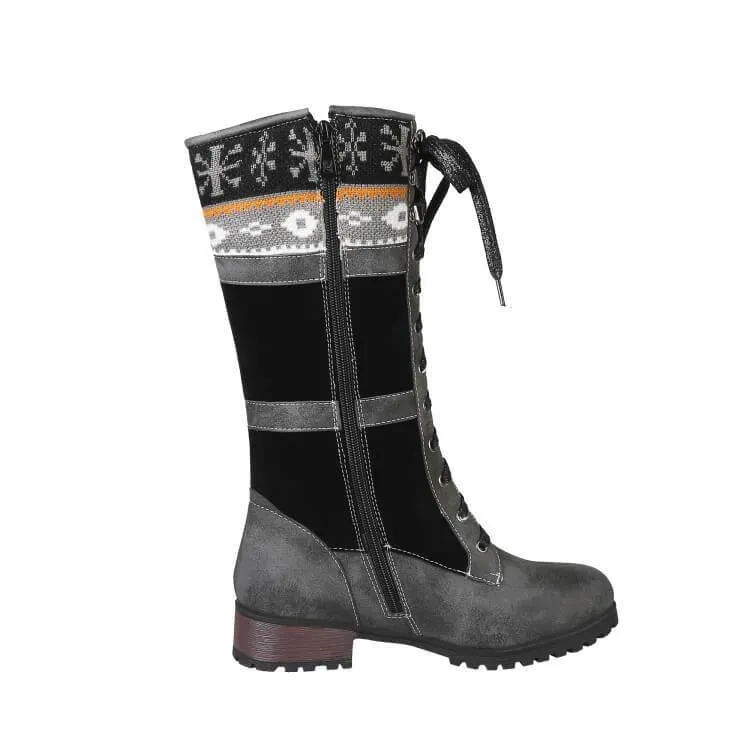 Leather Lace Up Suede Patchwork Boots