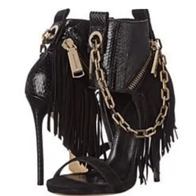 Party Black Leather Chain Fringe Sandals