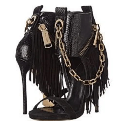 Party Black Leather Chain Fringe Sandals