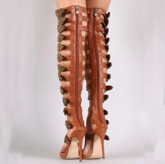 Party Leather Buckle High Heel Knee High Sandals