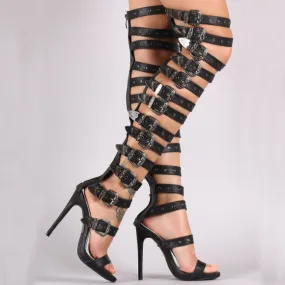 Party Leather Buckle High Heel Knee High Sandals