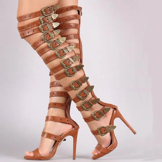 Party Leather Buckle High Heel Knee High Sandals
