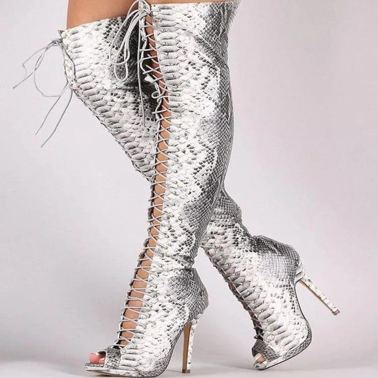 Peep Toe Lace Up Cutout Over Knee Boots