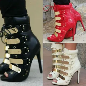 Peep Toe Leather Lace Up Buckle Ankle Boots