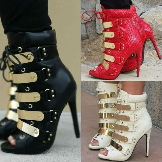 Peep Toe Leather Lace Up Buckle Ankle Boots