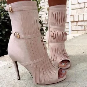 Pink Peep Toe Fringe Buckle Calf Boots