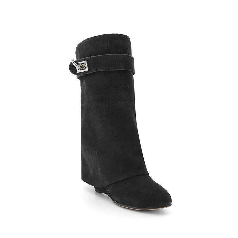 QAMRA Suede Wedged Heel Ankle Boots