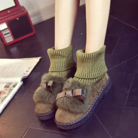 Rabbit Fur Bowknot Edge Round Toe Flat Ankle Boots