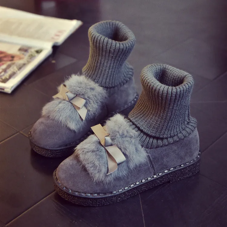 Rabbit Fur Bowknot Edge Round Toe Flat Ankle Boots