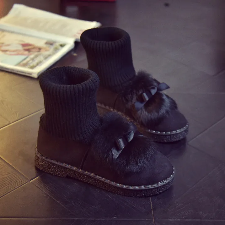 Rabbit Fur Bowknot Edge Round Toe Flat Ankle Boots