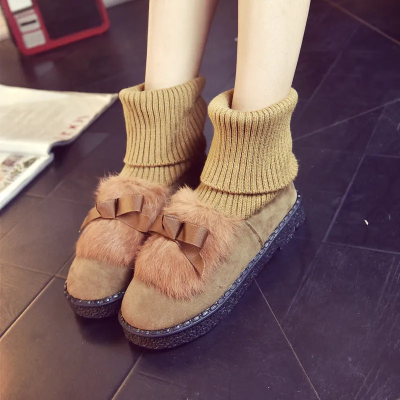 Rabbit Fur Bowknot Edge Round Toe Flat Ankle Boots