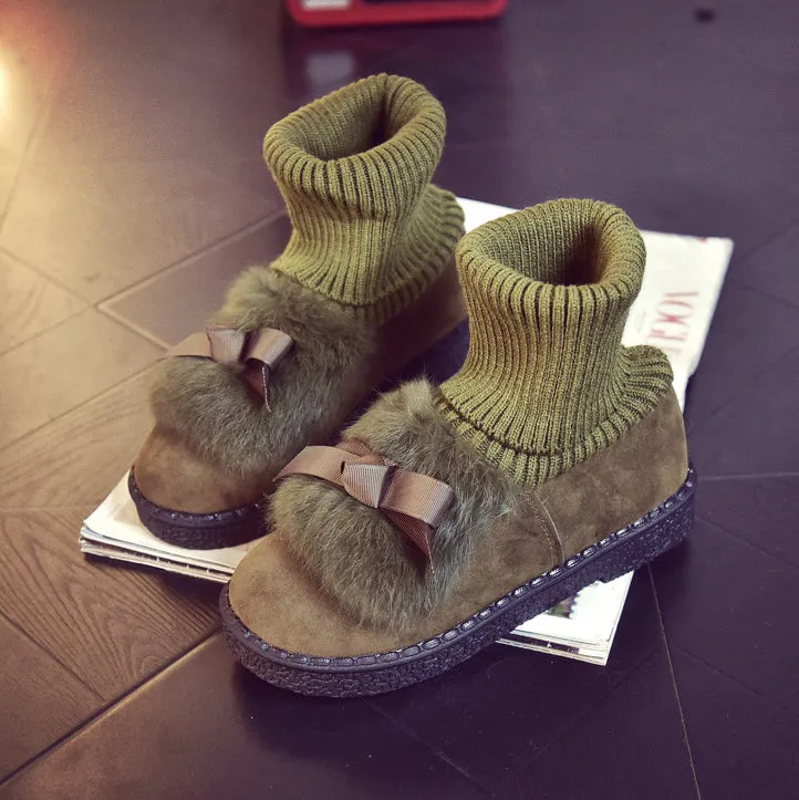 Rabbit Fur Bowknot Edge Round Toe Flat Ankle Boots