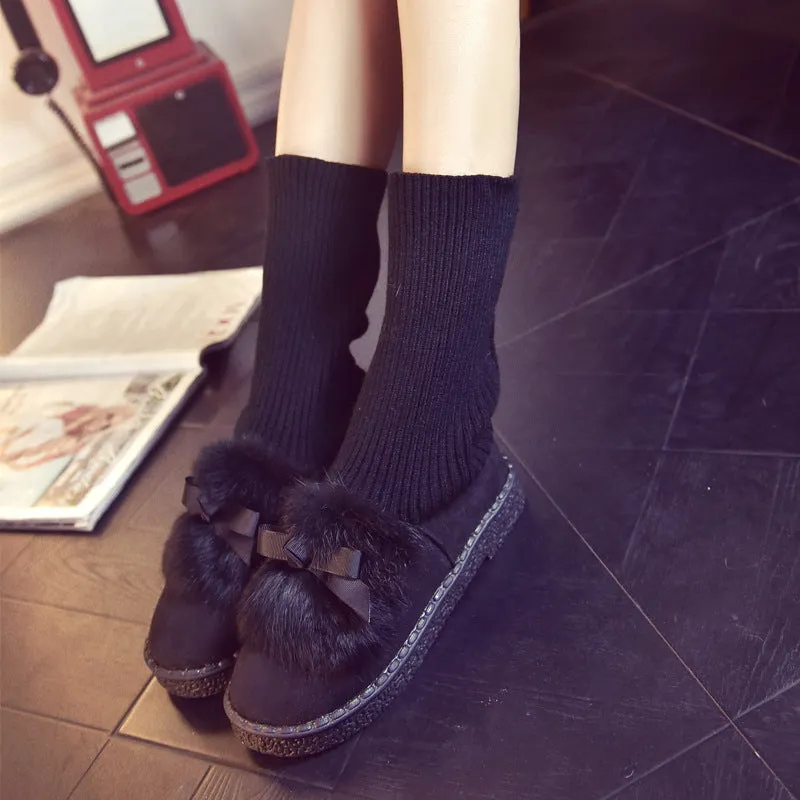 Rabbit Fur Bowknot Edge Round Toe Flat Ankle Boots