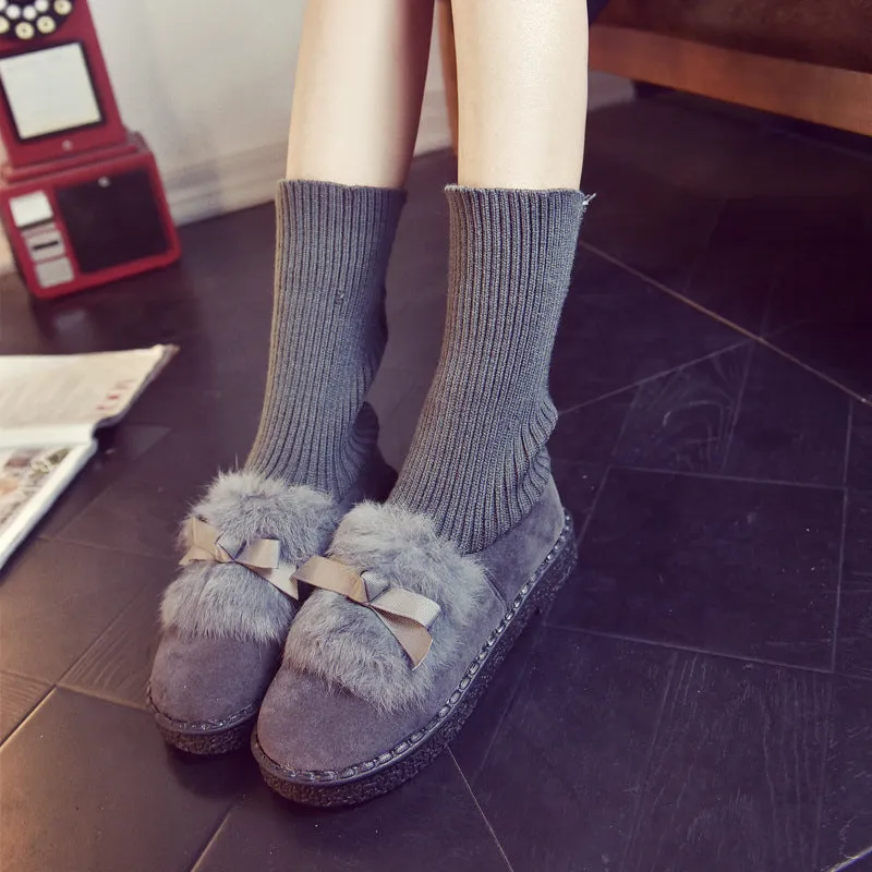 Rabbit Fur Bowknot Edge Round Toe Flat Ankle Boots