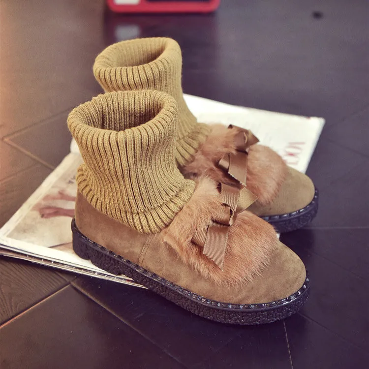 Rabbit Fur Bowknot Edge Round Toe Flat Ankle Boots