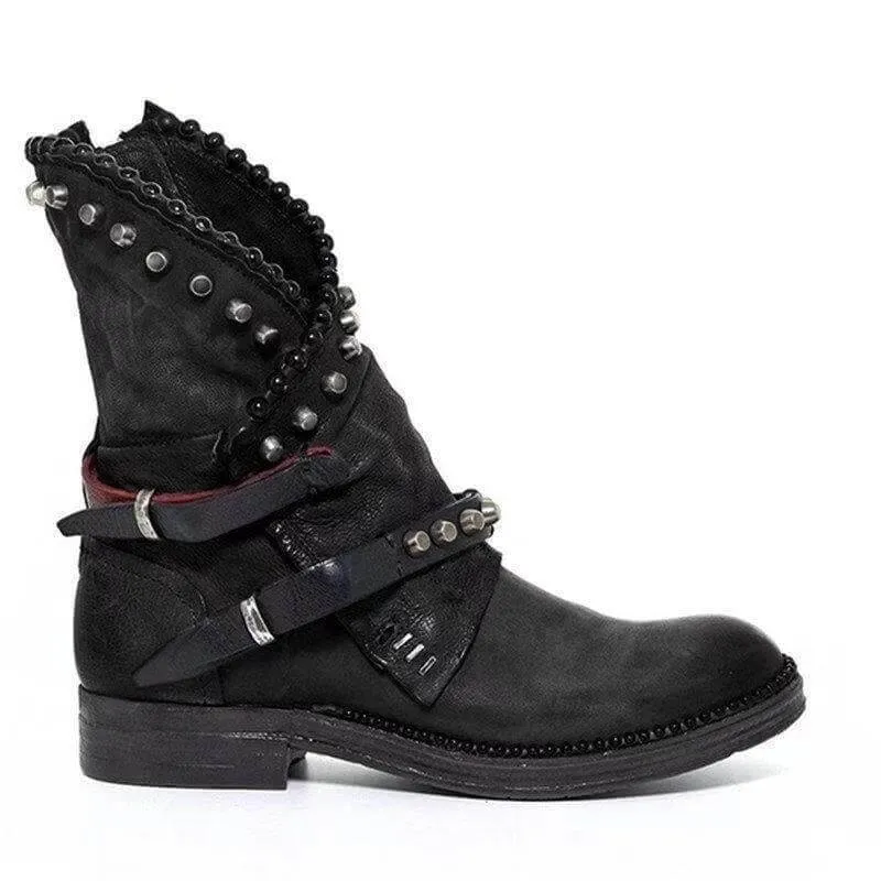 Retro Suede Round Toe Buckle Low Heel Calf Boots