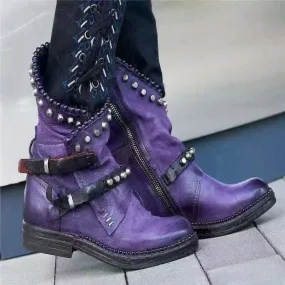 Retro Suede Round Toe Buckle Low Heel Calf Boots