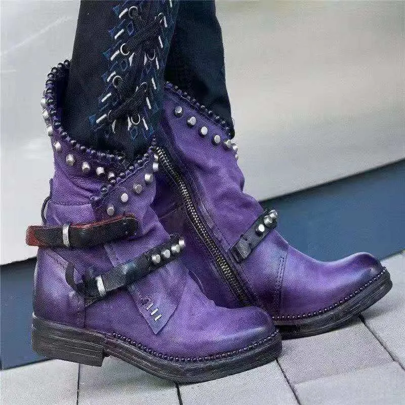 Retro Suede Round Toe Buckle Low Heel Calf Boots