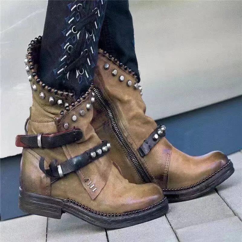 Retro Suede Round Toe Buckle Low Heel Calf Boots