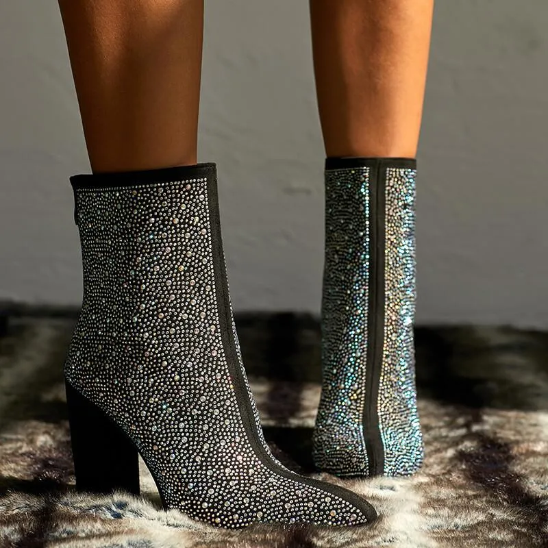 Rhinestone Chunky Heel Pointed Toe Calf Boots