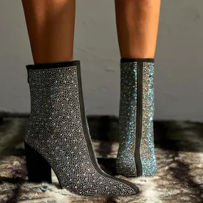 Rhinestone Chunky Heel Pointed Toe Calf Boots