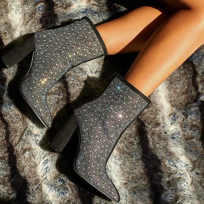 Rhinestone Chunky Heel Pointed Toe Calf Boots