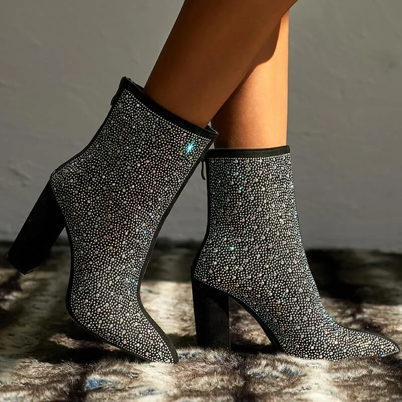 Rhinestone Chunky Heel Pointed Toe Calf Boots