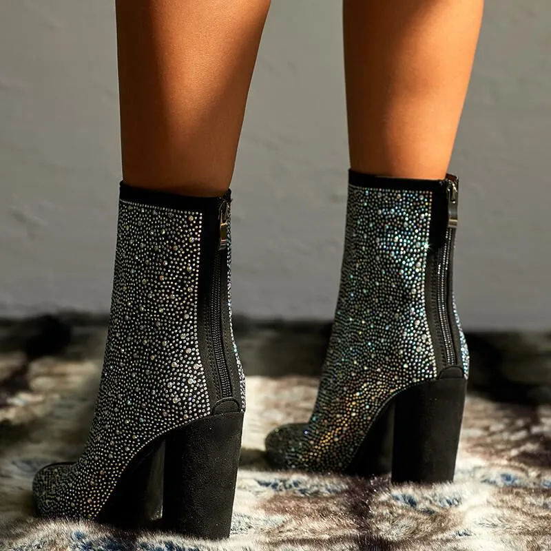 Rhinestone Chunky Heel Pointed Toe Calf Boots