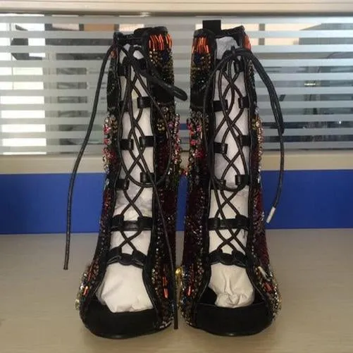Rhinestone Peep Toe Lace Up High Heel Ankle Boots