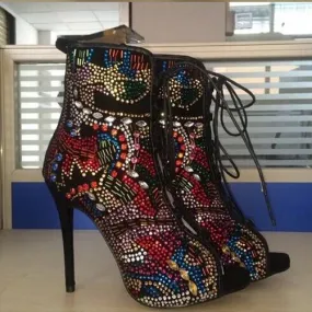 Rhinestone Peep Toe Lace Up High Heel Ankle Boots