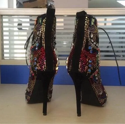 Rhinestone Peep Toe Lace Up High Heel Ankle Boots