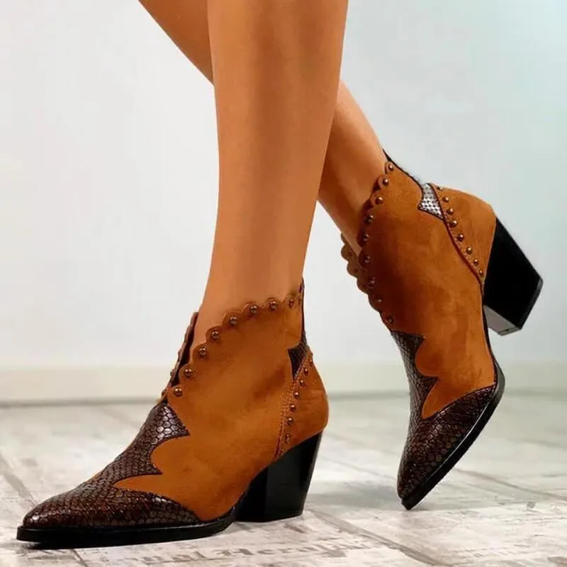 Suede Sequin Point Toe Chunky Heel Calf Boots