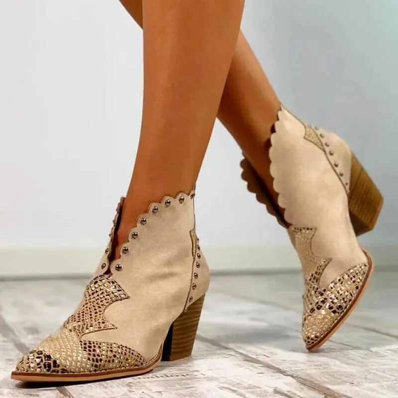 Suede Sequin Point Toe Chunky Heel Calf Boots
