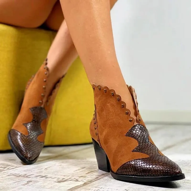Suede Sequin Point Toe Chunky Heel Calf Boots