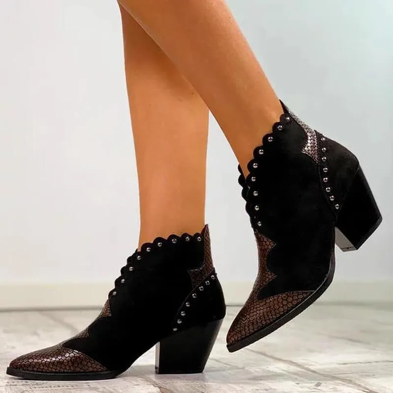 Suede Sequin Point Toe Chunky Heel Calf Boots